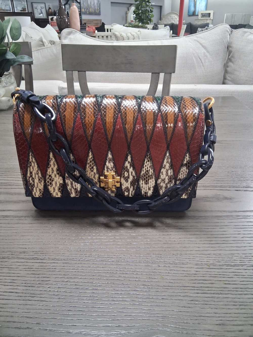 Tory Burch Multicolor Snakeskin-Pattern Shoulder Bag with Navy Chain